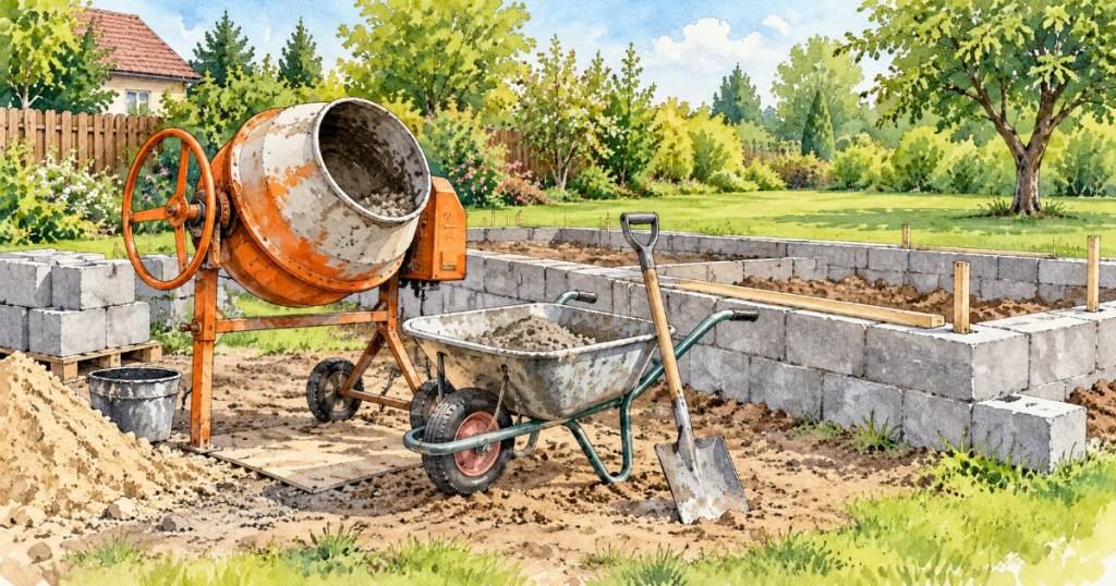 Stavební míchačka na zahradě u rozestavěné podezdívky s kolečkem a lopatou