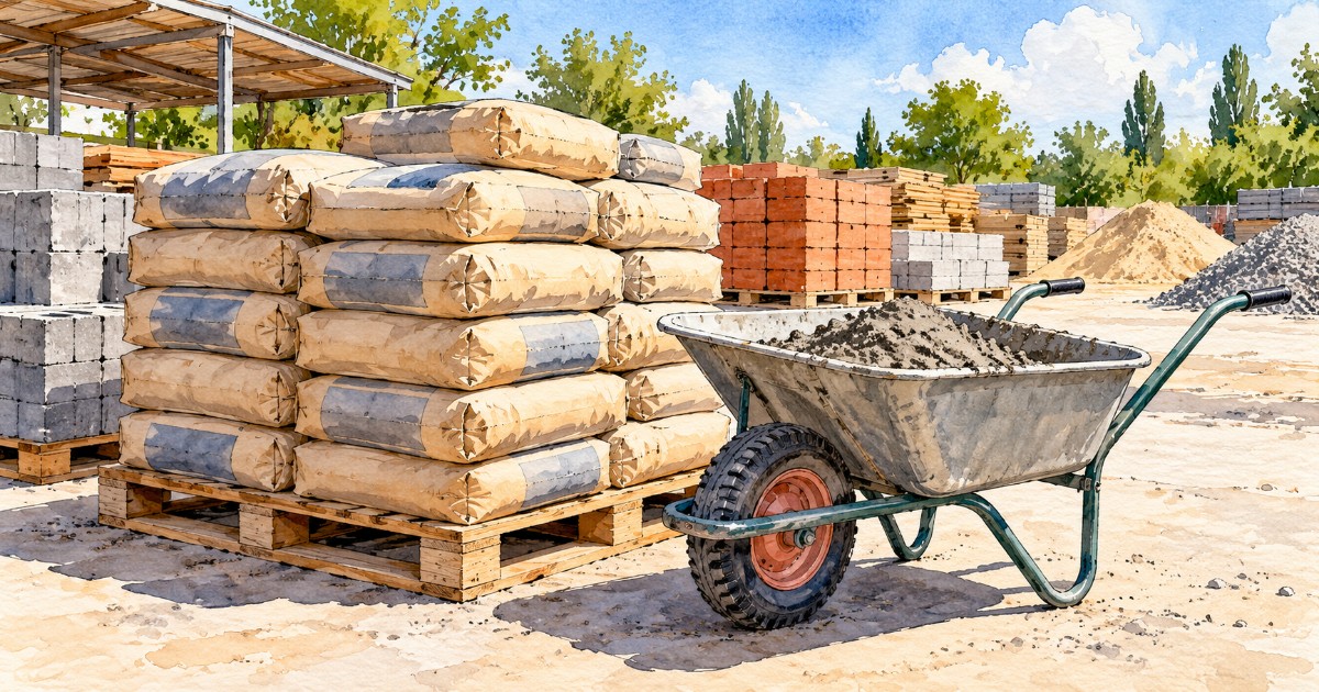 Papírové pytle se suchou směsí na paletě a kolečko s čerstvým betonem
